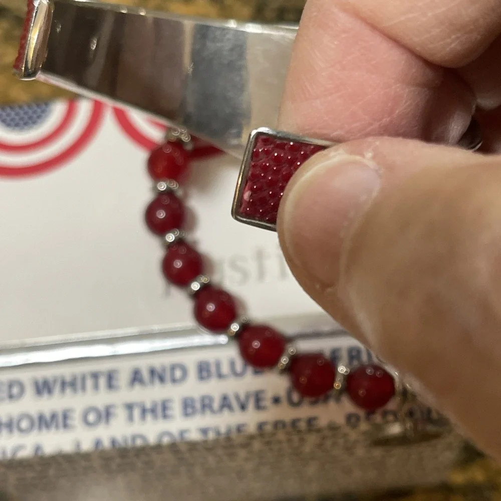 Patriotic Rustic Cuff Set Of 2 Bracelets One Stretch One Metal Cuff Red & Silver